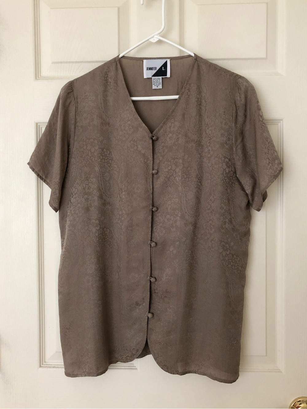 Vintage Jennifer L. Silk Damask Short Sleeve Blouse Light Taupe Size Medium